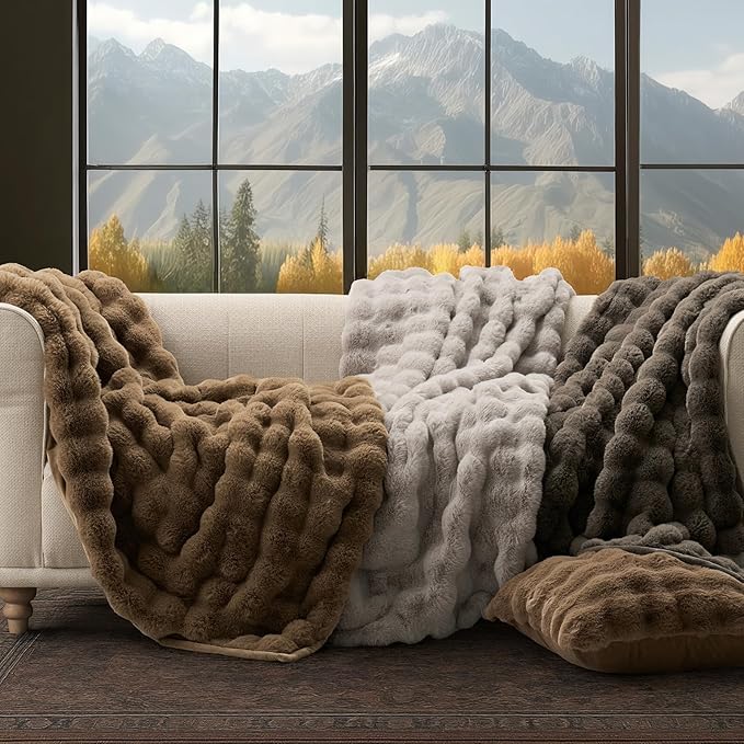 EVERGRACE Ultra Soft Luxury Fluffy Ridgeline Faux Rabbit Fur Throw Blanket, Thick Warm Fuzzy Blankets for Winter, Cozy Plush Reversible Blanket for Couch, Bed, Sofa, Taupe, 80x90 Inches, 870 GSM-Ruum Studio Home