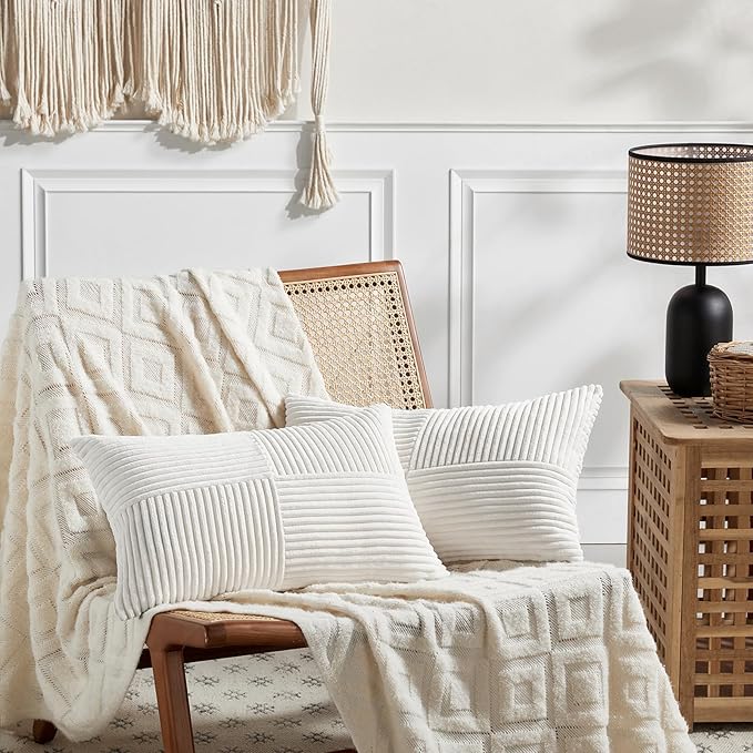 Fancy Homi 2 Packs Cream White Long Lumbar Decorative Throw Pillow Covers 16x24 Inch for Couch Bed Sofa, Rustic Farmhouse Boho Home Decor, Soft Striped Corduroy Rectangle Accent Cushion Case 40x60 cm-Ruum Studio Home