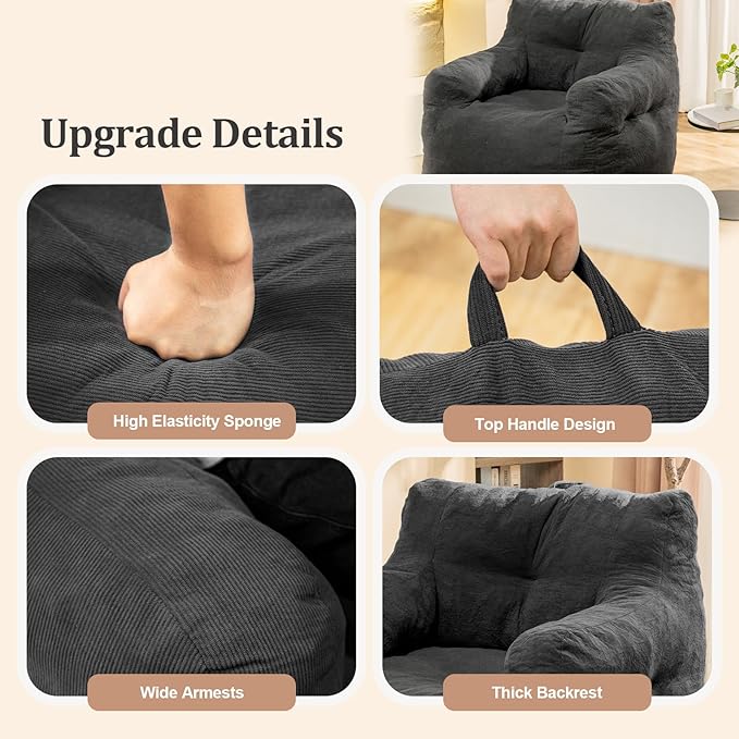Bean Bag Chairs for Adults Ergonomic Support Reading Floor Sofa Chair with Filler Spacious (Grey) (Large)-Ruum Studio Home