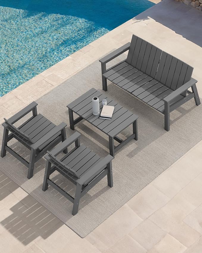SERWALL Patio Coffee Table, HDPE Rectangle Outdoor Coffee Table Set of 2, Grey-Ruum Studio Home