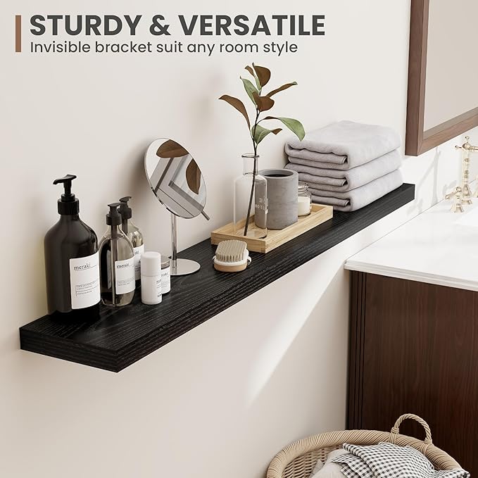 24 Inch Floating Shelves, 8 Inch Deep Floating Shelves for Wall, Hanging Shelf with Invisible Brackets, Deep Shelves for Bathroom, Bedroom, Living Room, Black, Set of 2-Ruum Studio Home