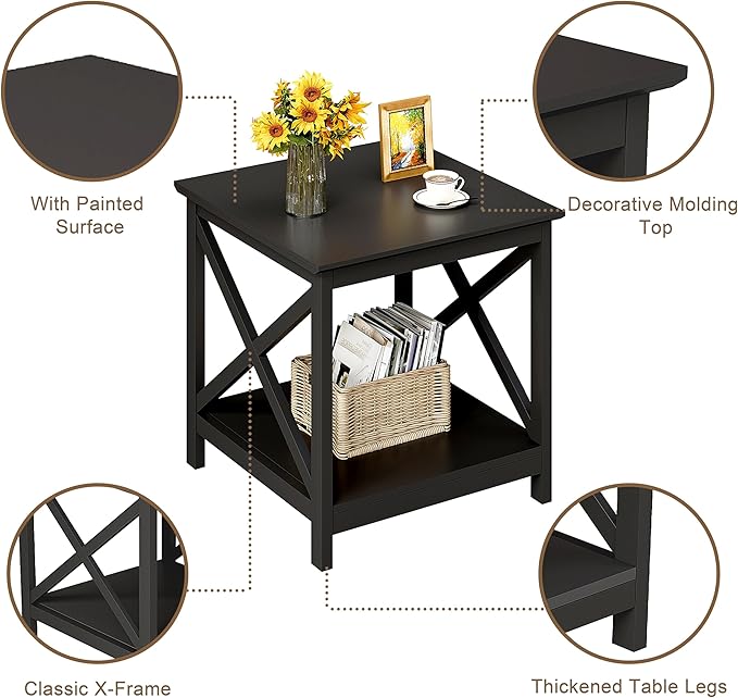ChooChoo End Table, 24 Inch End Table with 2-Tier Storage Shelf, Side Table for Living Room, Wood Nightstand for Bedroom, Office, Painted Surface, Black-Ruum Studio Home