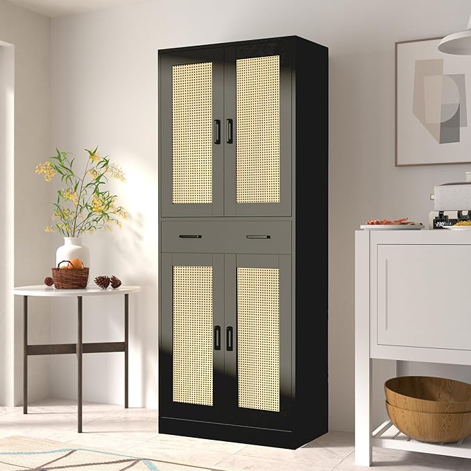 71" Tall Black & Rattan Pantry Cabinet - Boho Chic Kitchen Storage with Doors & Drawer for Dining Room, Hallway or Kitchen Organization-Ruum Studio Home