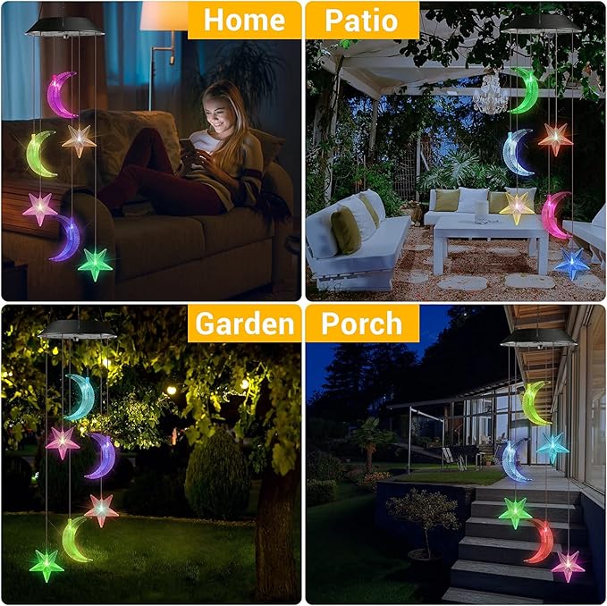 Toodour Solar Wind Chimes, Color Changing Wind Chimes Moon and Star, LED Decorative Mobile, Gift for Mom Grandma, Waterproof Outdoor Moon Star Light for Garden, Patio, Yard, Window Outdoor Decor-Ruum Studio Home