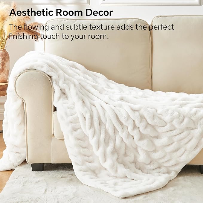 BEDELITE Faux Fur Throw Blanket for Couch, Soft and Cozy Boho Ruched Fluffy Blanket, Warm Plush Fuzzy Faux Rabbit Fur Blanket for Women Gift (Cream, 50"x 60")-Ruum Studio Home