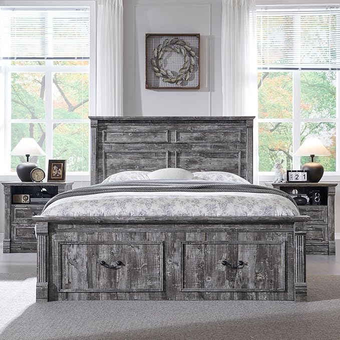 26" Tall Farmhouse Nightstand Set of 2, 2 Drawers End Table w/Charging Station, 23.6" Wide Large Side Table w/Roman Column, Wood Rustic Sofa Table w/Open Shelf, Bedside Table for Bedroom, Light Gray-Ruum Studio Home