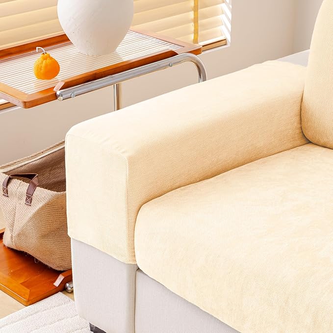 Chenille Sofa Armrest Covers, Soft Stretch Non-Slip Couch Arm Covers for Sofa, Chair or L Shaped Sectional, Furniture Protector (2 Pieces, Beige)-Ruum Studio Home