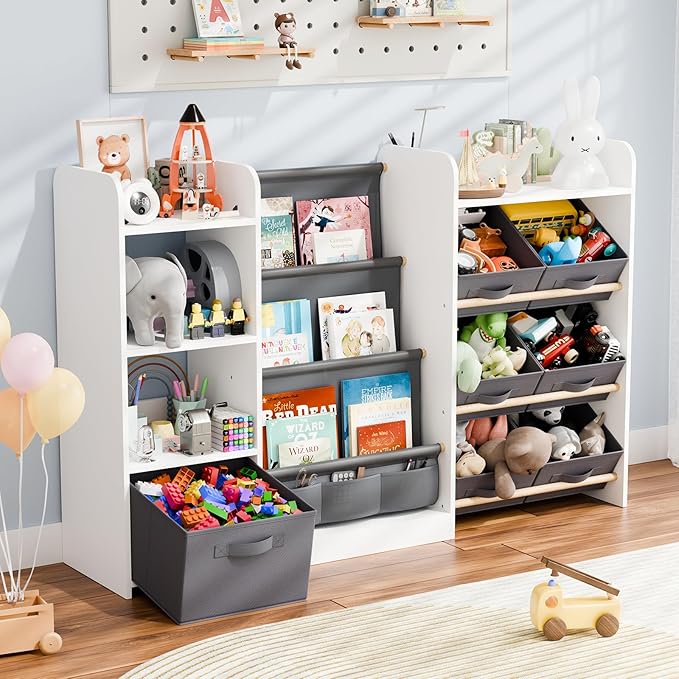 Kids Toy Book Storage Organizer - Large Bookshelf with 7 Removable Bins, Baby Bookshelf and Toy Storage, 4-Tier Book Shelf for Kids Room, Playroom, Classroom, 51 inch, White-Ruum Studio Home