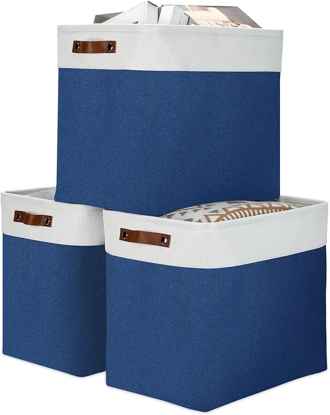 DULLEMELO 51L Large Baskets for Storage, Large Rectangular Baskets for Shelves [3 Pack], Blanket Basket Dog Toy Basket for Organizing Closet, Nursery, Clothes,Toys (White&Blue)-Ruum Studio Home