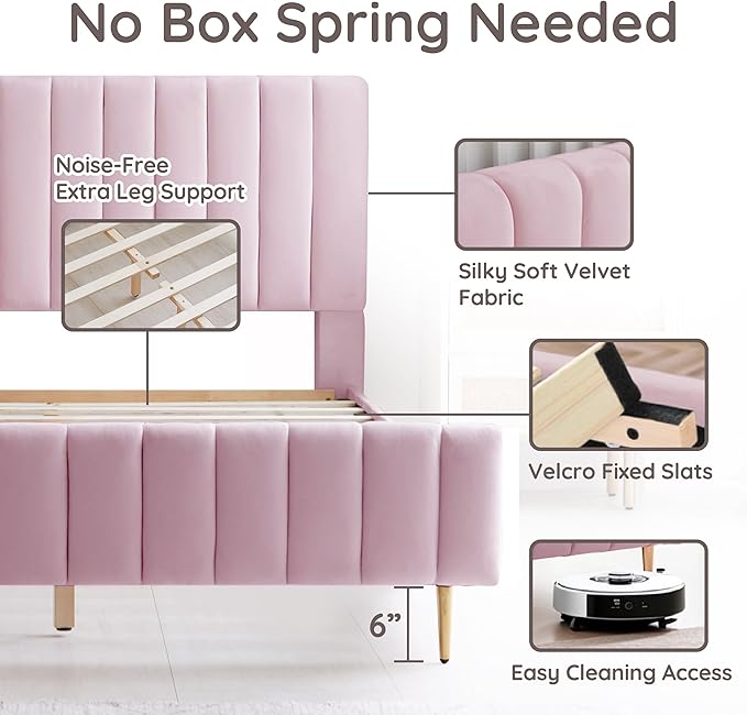 Livinia King Size Elton Velvet Platform Bed, Upholstered Bed Frame with Vertical Channel Tufted Headboard Footboard, Strong Wood Slats, No Box Spring Needed, Pink (King)-Ruum Studio Home