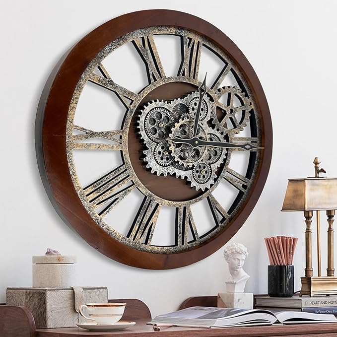 HOIBAI Large Wall Clock, 24 Inch Wall Clocks for Living Room Decor Farmhouse Vintage Rustic Kitchen Wall Decor Vintage Roman Big Oversized Wall Clock for Home Bedroom House Office, Moving Gears Clock-Ruum Studio Home