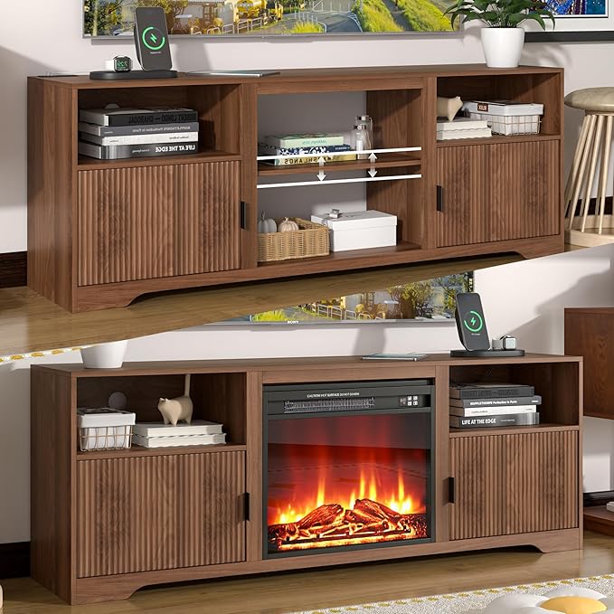Fireplace TV Stand for Television up to 80 Inch,Entertainment Center with Adjustable Shelf,Mid-Century Modern Fluted TV Stand with 23" Electric Fireplace,Media Console for Living Room,Bedroom-Ruum Studio Home