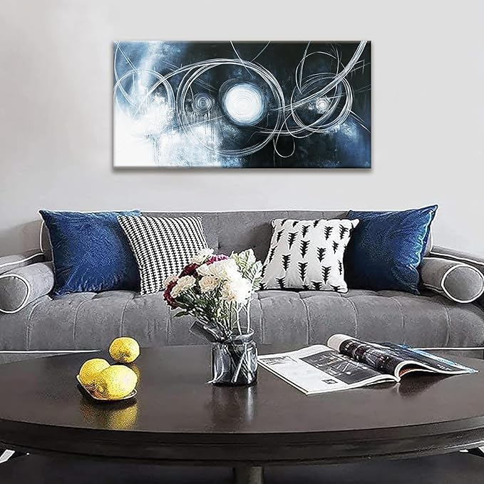 TAIJXAGSG Canvas Wall Art Decor Artwork Modern Paintings Dark Blue Wall Decorations Maximalist White Line Abstract Wall Art Prints For Wall Bedroom Kitchen Office Artwork Ready To Hang 20"×40"-Ruum Studio Home