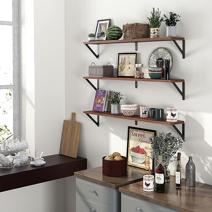 Heimlove Floating Shelves for Wall, 36 Inch Long Wood Floating Bookshelf Set of 3, Wall Mounted Hanging Shelf for Bathroom Bedroom Kitchen, Walnut-Ruum Studio Home