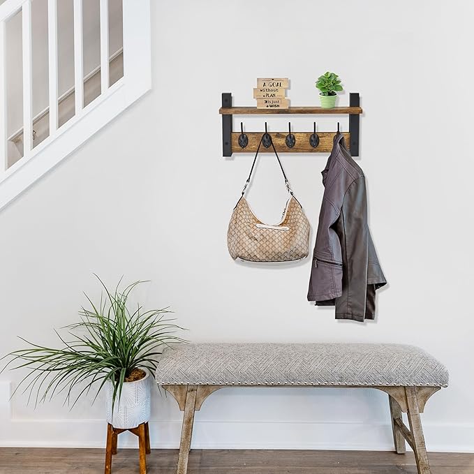 Sorbus Coat Hooks Wall Mount with Shelf – 16 Inch Coat Rack Wall Mount with 5 Heavy Duty Hooks – Floating Wall Shelf with Hooks for Entryway, Bathroom, Bedroom, Kitchen, or Mudroom (Rustic Brown)-Ruum Studio Home
