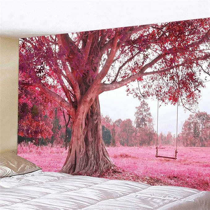 FENDROM Autumn Pink Flower Tapestry Window View Wall Hanging, Nature Forest Floral Trees Garden Scenic Tapestries for Living Room Home Office Dorm-Ruum Studio Home