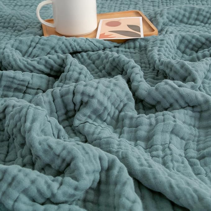EMME Cotton Muslin Blanket King Size - Soft, Breathable Layering Bedspread Blanket, 108"x90", All Season Gauze, Teal-Ruum Studio Home