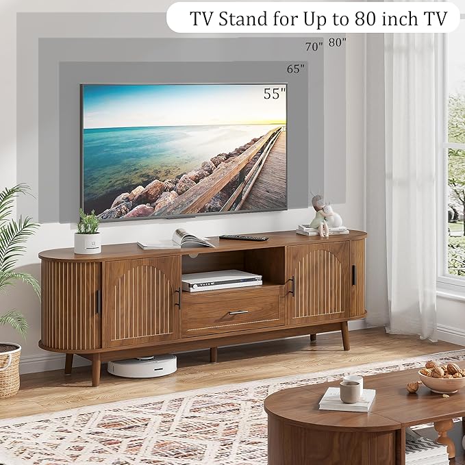 70" Fluted TV Stand for Tvs up to 80", Mid-Century Modern Entertainment Center with Drawers and Fluted Doors, Curved TV Media Console Table with Sliding Doors for Living Room, Bedroom (70")-Ruum Studio Home