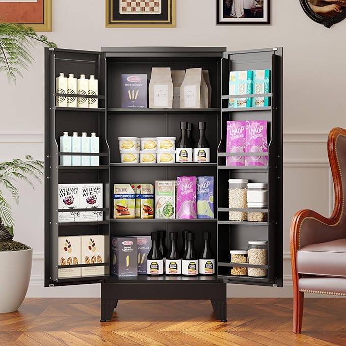 51" Metal Kitchen Pantry Cabinet, Storage Cabinets with 2 Door and 3 Adjustable Shelves, Black Freestanding Food Storage Cabinet, Steel Cupboard for Kitchen Dinning Room-Ruum Studio Home
