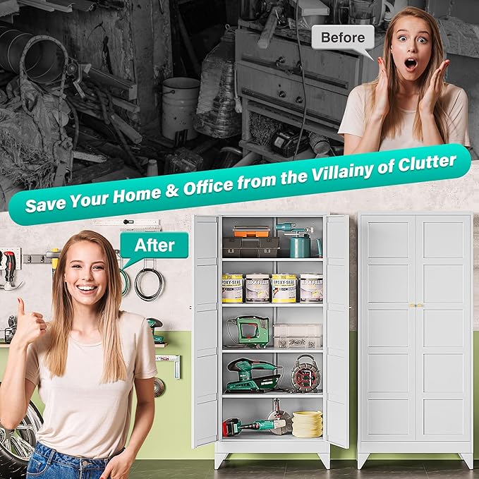 Wide & Deep Metal Storage Cabinet with 2 Doors and 5 Shelves,72 inch Tall Pantry Storage Cabinet,Large Cupboard Closet,White Cabinets for Home,Kitchen,Bathroom,Dining/Living Room-Ruum Studio Home