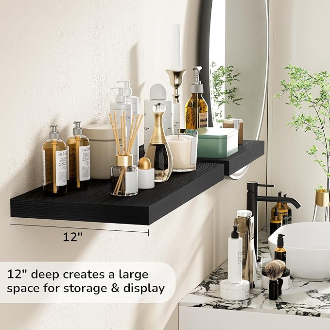 Fun Memories Floating Shelves - 2 Pack 12 Inch Rustic Wooden Wall Shelves - Extra Deeper & Thicker Wall Mounted Storage Shelf for Living Room, Kitchen, Farmhouse - 24" W x 12" D x 1.5"H - Rustic Black-Ruum Studio Home