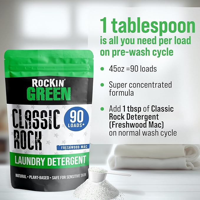 Rockin' Green Classic Rock Laundry Detergent (90 Loads), Plant based, All Natural Laundry Detergent Powder, Vegan and Biodegradable Odor Fighter, Safe for Sensitive Skin, 45 oz (Freshwood Mac)-Ruum Studio Home