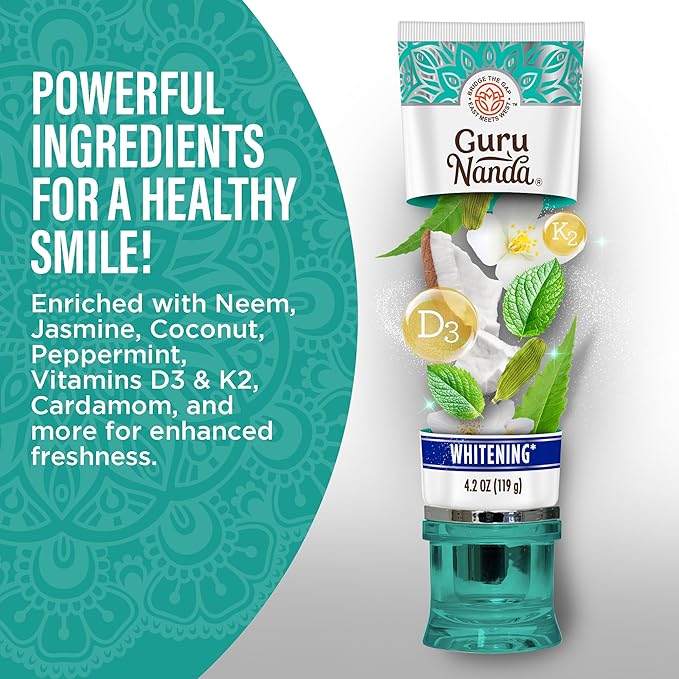 GuruNanda Hydroxyapatite Toothpaste, SLS & Fluoride Free, Whitening Toothpaste - Freshens Breath, Fights Plaque - Natural CocoMint Jasmine Neem, 4.2oz-Ruum Studio Home
