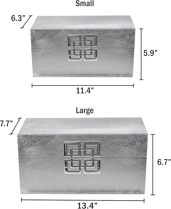 Galt International Storage Box Set Decorative Storage Box w/Hinged Lid Classic Design Wood Decor Boxes with Geometric Clasp Storage for Bedroom & Home - Set of 2 (Silver)-Ruum Studio Home