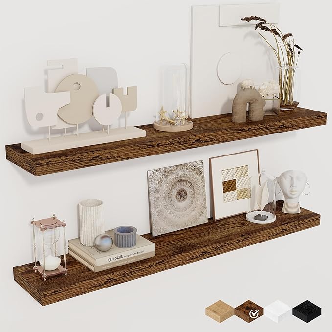 36Inch Floating Shelves for Wall 2 Pack Wood Shelves for Kitchen, Bathroom, Bedroom Wall Mounted Rustic Wood Floating Shelf with Invisible Brackets for Books, Storage, Decor, Rustic Brown-Ruum Studio Home