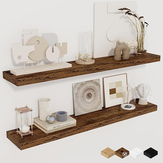 36Inch Floating Shelves for Wall 2 Pack Wood Shelves for Kitchen, Bathroom, Bedroom Wall Mounted Rustic Wood Floating Shelf with Invisible Brackets for Books, Storage, Decor, Rustic Brown-Ruum Studio Home