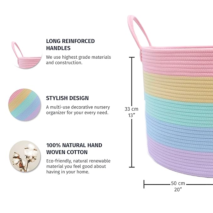 OrganiHaus Cute Basket for Pastel Rainbow Classroom Decor 20x13, Toy Basket Storage for Kids Room, Toy Bins for Kids Organizer, Large Blanket Basket Living Room, Rainbow Storage Bins, Nursery Hamper-Ruum Studio Home