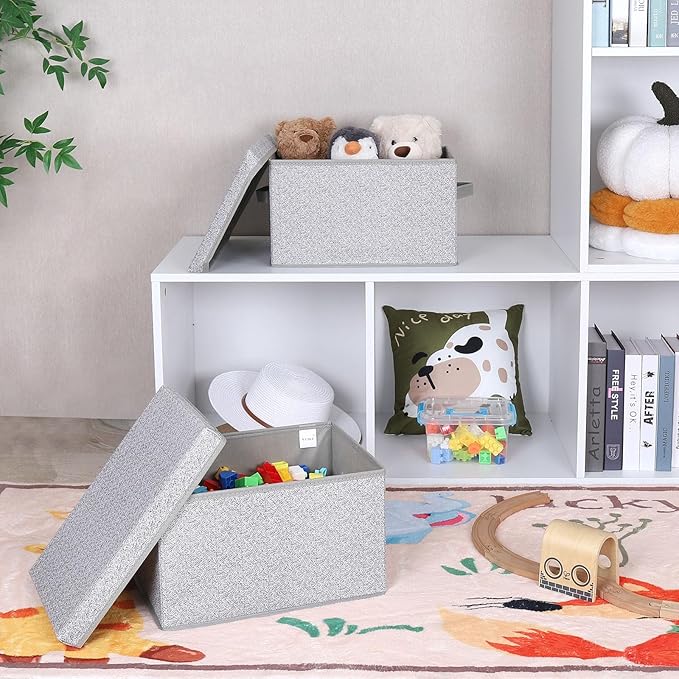 WUIKE Foldable Storage Bins with Lids, Storage Boxes with Handles, Closet Shelf Organizer, Fabric Storage Baskets for Bedroom, Decorative Storage Containers, Large, Ash Gray, 3-Pack-Ruum Studio Home