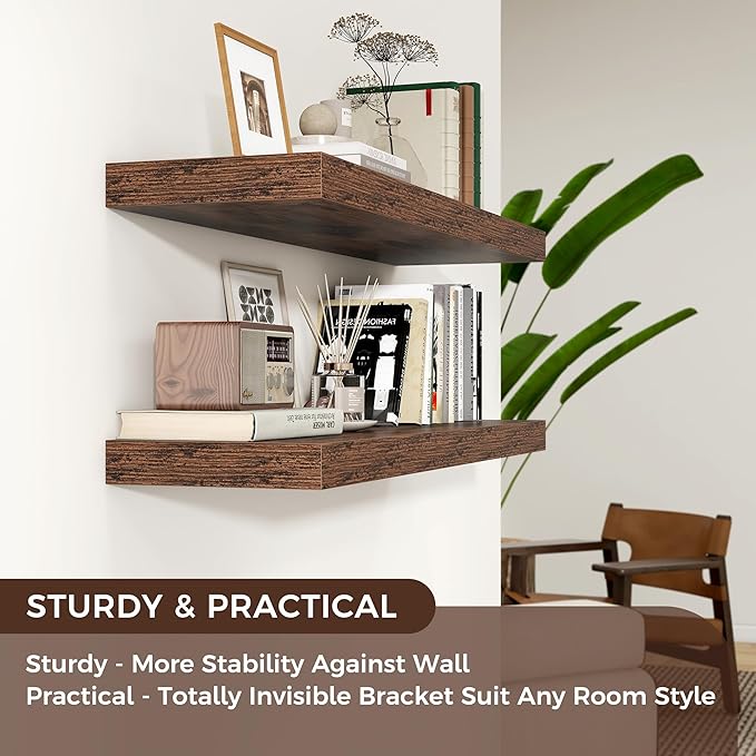 Floating Shelves - 2 Large Wall Mounted Shelves with Invisible Brackets, Long Wood Floating Wall Shelf for Living Room, Bedroom, Kitchen (Brown, 48" W x 9" D x 1.5" H)-Ruum Studio Home