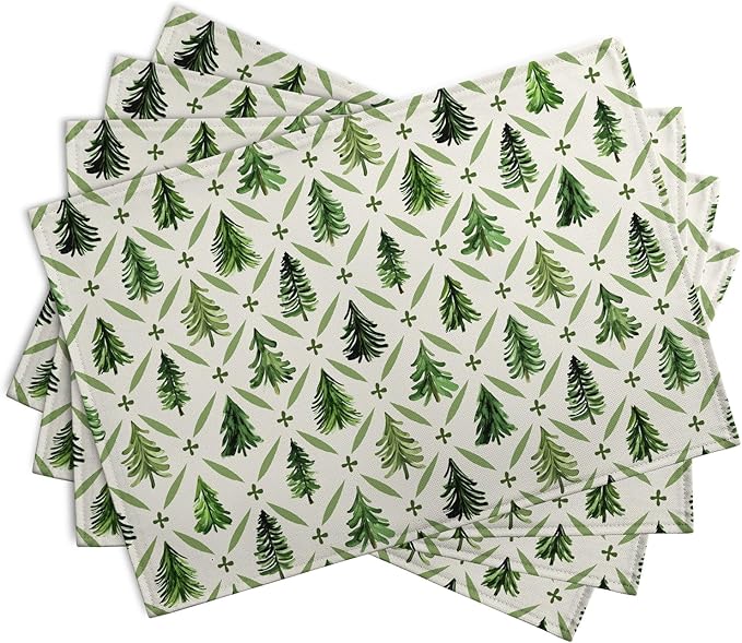Sage Green Pine Tree Christmas Placemats Set of 4 Xmas Farmhouse Rustic Style Print Place Mat Seasonal Winter Holiday Linen Table Mats for Indoor Outdoor Kitchen Dining Party Decor-Ruum Studio Home