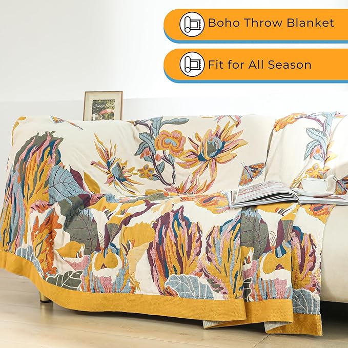 Boho Throw Blanket for Bed,100% Cotton Breathable Muslin Soft Throw, Fall Bed Throw Blanket Floral Bird Butterfly Printed Decor Large Blankets,80"×90" Rustic Farmhouse Throw for Sofa Couch Chair-Ruum Studio Home