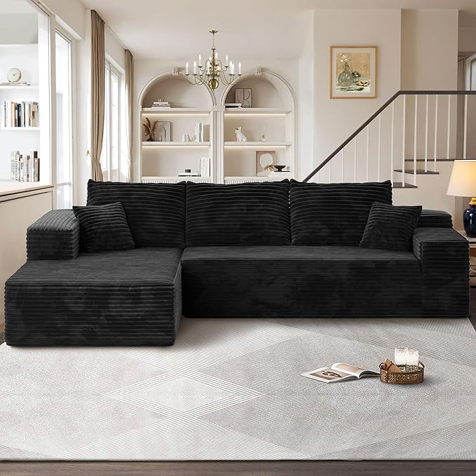 104" Cloudy Sectional L Shaped Couch for Living Room, No Assembly Required, Modular Comfy Sofa with Deep Seat, Fluffy Couch with Sleeper Chaise for Apartment Lounge (Black)-Ruum Studio Home