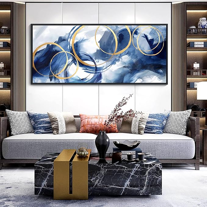 AJAZIKO Blue Abstract Canvas Wall Art Modern Wall Decor Artwork for Walls Living Room Large Painting Office Pictures for Wall Navy Gold Contempor Decorations for Bedroom-Ruum Studio Home