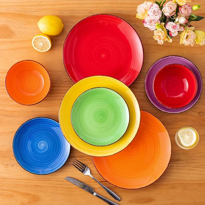vancasso Bonita Dinnerware Set Muticolor Stoneware 18 Pieces Service for 6, Handpainted Spirals Pattern Stoneware Plates and Bowls Set-Ruum Studio Home