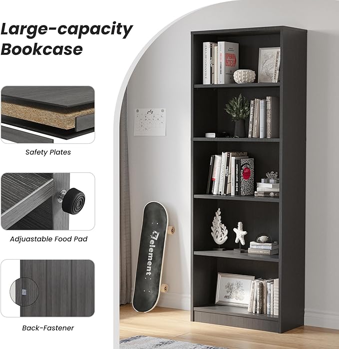 Bookshelf, Open Modern Bookshelf, 5 Shelf Bookcase with Freestanding Display Storage, Wooden Book Shelf for Bedroom, Living Room, Dinning Room, Office, Dray-Ruum Studio Home