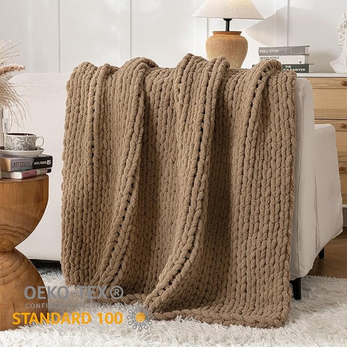 Chunky Knit Blanket Throw, 100% Hand Knit Throw Blanket Handmade Chenille Cable Knit Throw for Couch, Stylish Cozy Soft Rope Knot Crochet Blanket for Home Decor, Camel, 50x60 Inches-Ruum Studio Home
