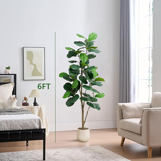 Artificial Fiddle Leaf Fig Tree, 6FT Tall Faux Ficus Lyrata Fake Tree in White Pot, Artificial Tree Indoor Decor, Fiddle Leaf Fig Tree Fake Plant for Home Office Living Room Decoration Modern-Ruum Studio Home