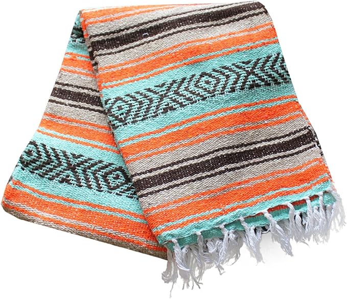 Del Mex Classic Mexican Blanket, Large Authentic Woven Falsa Throw (70"x50"), Artisan Southwest Décor for Beach, Yoga, Outdoors (Mint/Tan/Orange)-Ruum Studio Home