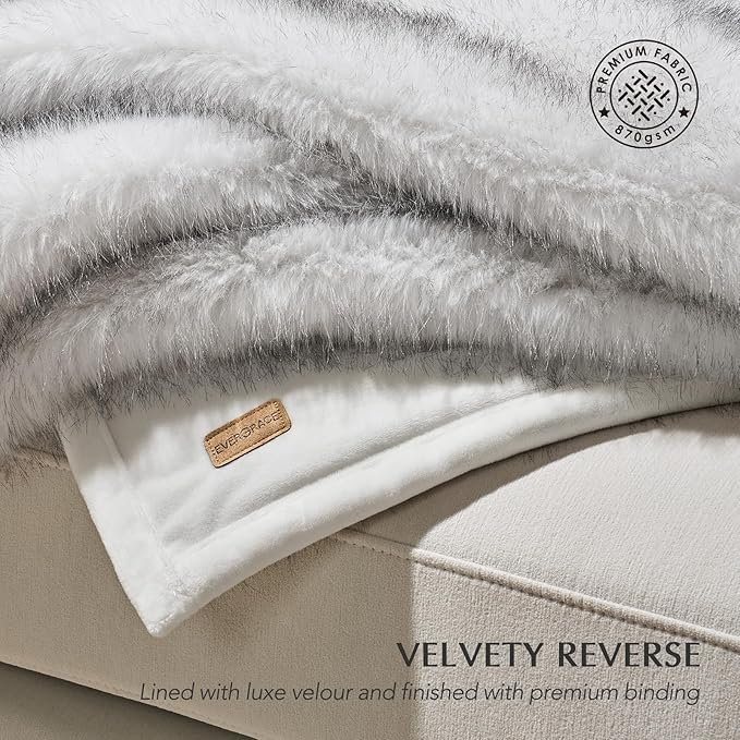 Luxury Faux Fur Throw Blanket, Soft Fluffy Faux Mink Blankets for Bed, Couch, Sofa, Thick Cozy Plush Warm Fur Throws with Reversible Velvet, Frosted White Wolf, 50"x60"-Ruum Studio Home