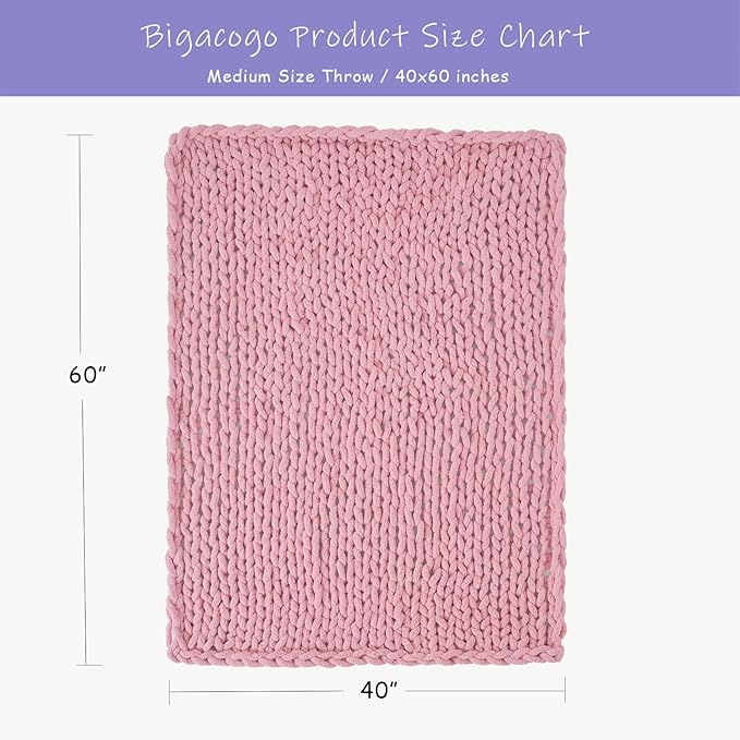 Bigacogo Chunky Knit Throw Blanket for Couch, 40x60 inches, 100% Hand Knitted with Thick Jumbo Chenille Yarn, Cozy Soft Large Rope Knot Cable Crochet Blankets for Sofa Bed Living Room, Blush Pink-Ruum Studio Home