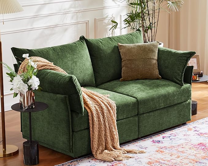 Oversized Loveseat Sofa, Modern Modular Sectional Couch Green Fluffy Chenille Mid Century 2-Seat 24.5" Deep Seat for Apartment, Living Room, Bedroom-Ruum Studio Home
