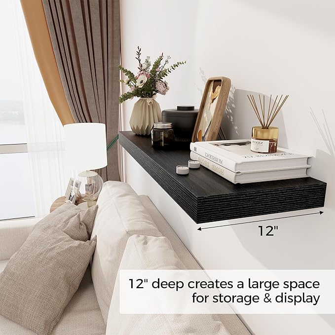 Black Floating Shelves 36 Inch Long, 12 Inch Deep Floating Shelves for Wall, 36 x 12 Shelves for Wall Storage & Display, 2" Thick Floating Shelf for Bathroom, Living Room, Bedroom, Set of 1-Ruum Studio Home