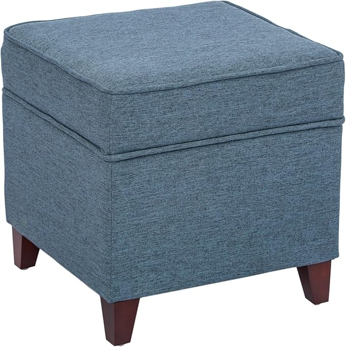 Adeco 17" Square Ottoman with Storage, Small Blue Storage Ottoman Foot Rest with Hinged Lid & Solid Wood Legs, Linen Fabric Foot Stool for Living Room & Bedroom-Ruum Studio Home