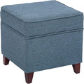 Adeco 17" Square Ottoman with Storage, Small Blue Storage Ottoman Foot Rest with Hinged Lid & Solid Wood Legs, Linen Fabric Foot Stool for Living Room & Bedroom-Ruum Studio Home