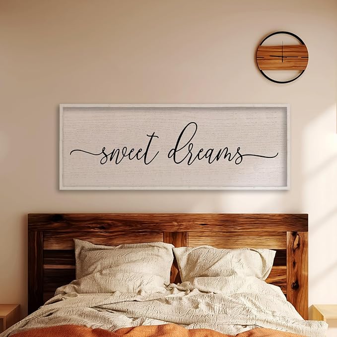 LuZhiQiang Sweet Dreams Wall Decor Sign 40"X15" Master Bedroom Over Bed Wall Wood Framed Art (White)-Ruum Studio Home