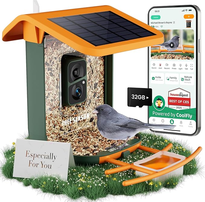 Smart Bird Feeder with Camera, Seamlessly Integrated Solar Panel Birdwatching Camera with SD Card, Lifetime Free AI Identify Bird Species&Auto Video Capture, House Warming Gifts with Greeting Card-Ruum Studio Home